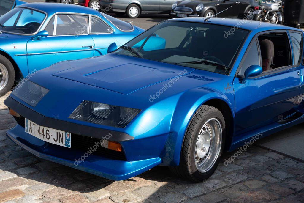 Bordeaux , France - 04 08 2025 : alpine 310 berlinette A110 a 110 logo brand and text sign renault car line side of french racing vehicle blue