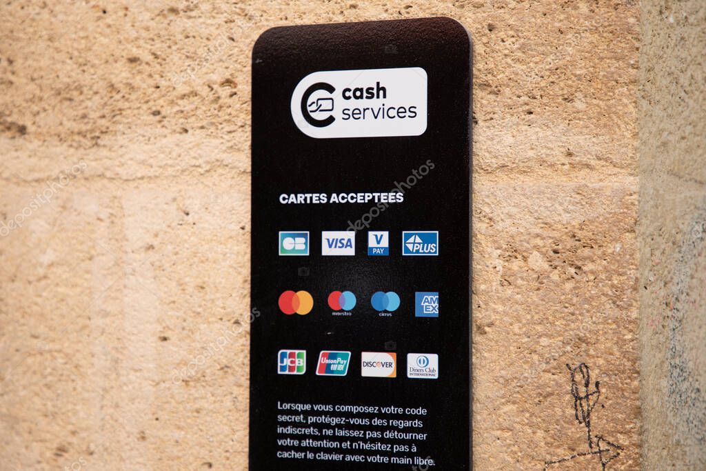 Bordeaux , France - 04 10 2025 : cash services CB dab atm BNP paribas credit mutuel alliance federale societe generale cic cb logo sign of accepted credit card in front of atm bank