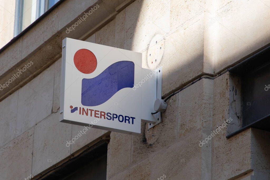 Bordeaux ,  France - 04 10 2025 : intersport sporty brand sign and text logo facade sport store international shop sporting chain goods retailer