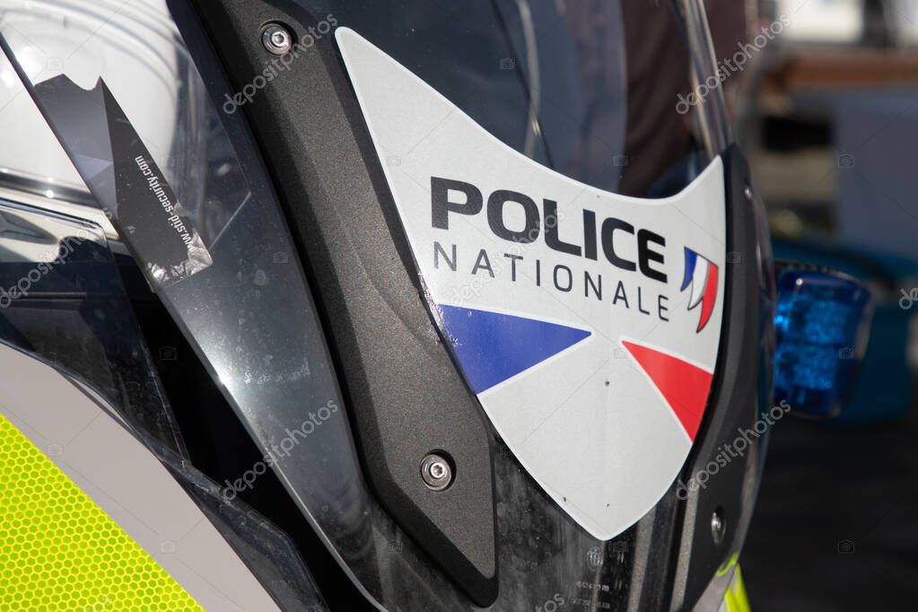 Bordeaux , France - 04 11 2025 : police nationale r1200  motorcycle bmw patrol logo brandand text sign on front motorbike in france