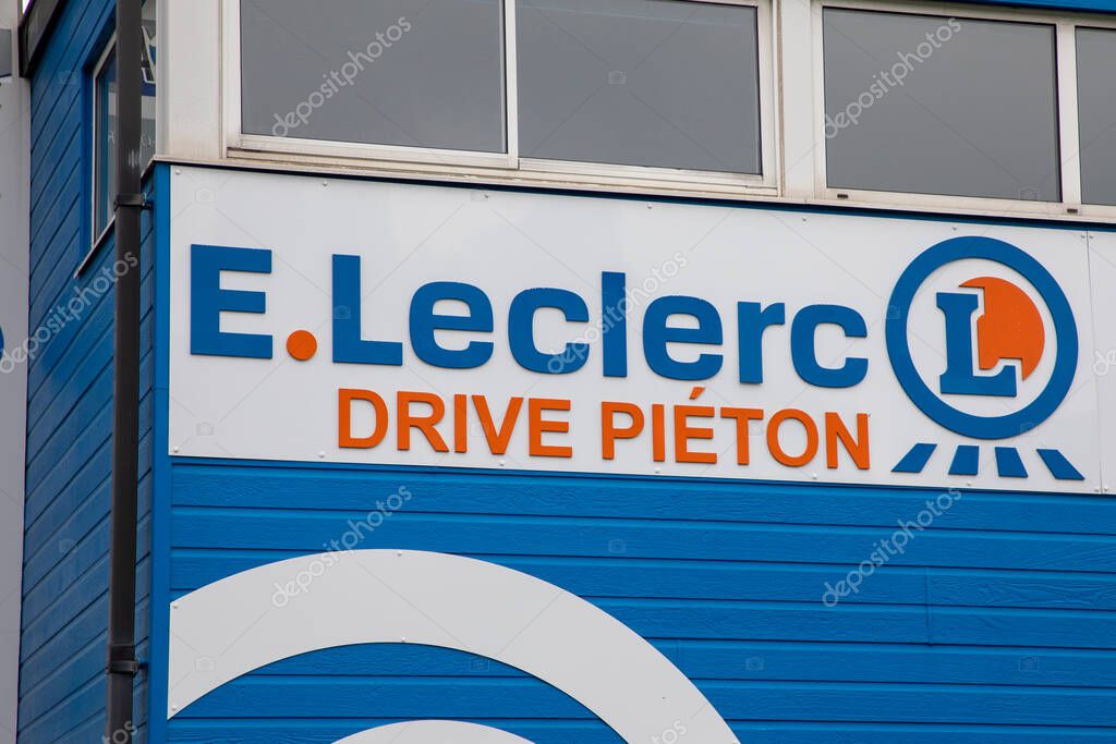 Bordeaux , France -  04 14 2025 : E.leclerc drive pieton sign logo on building facade shop retail supermarket store text brand shop leclerc for pedestrian