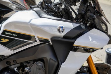 Bordeaux, Fransa - 04 16 2025: yamaha spor turu MT09 iz sürücü logosu ve motosiklet gri tank Mt. 09 900 üzerinde marka metin