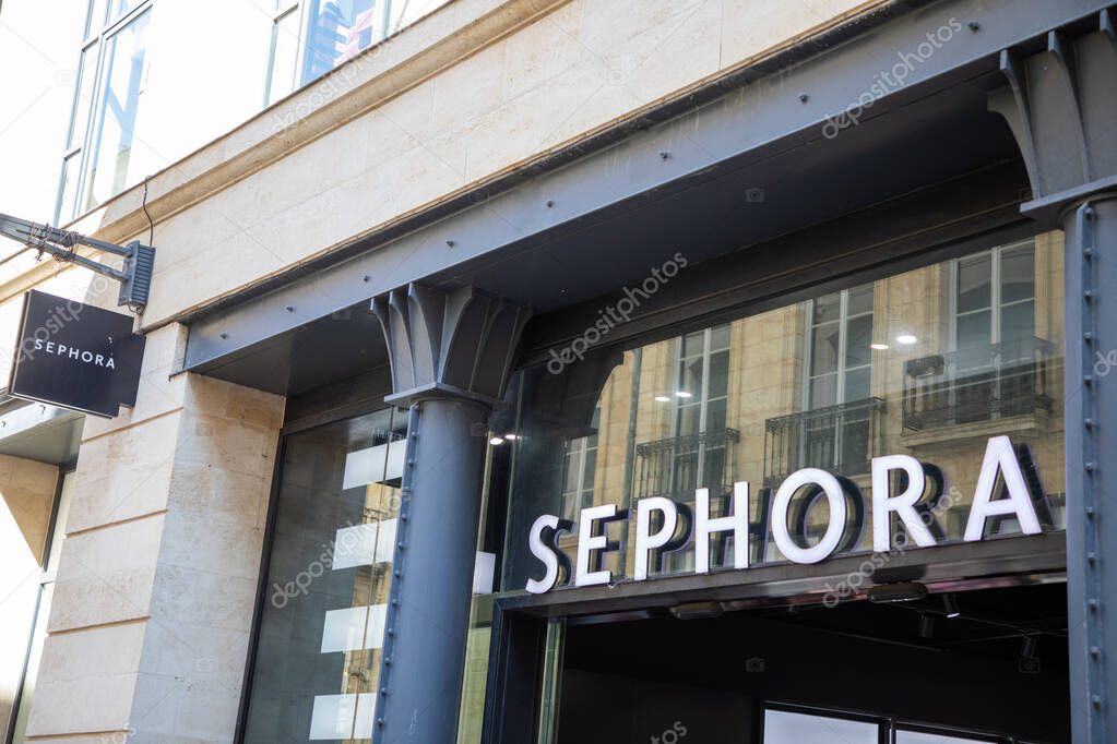 Bordeaux , France -  04 18 2025 : sephora storefront logo brand fashion shop and text sign store on wall facade boutique cosmetics chain