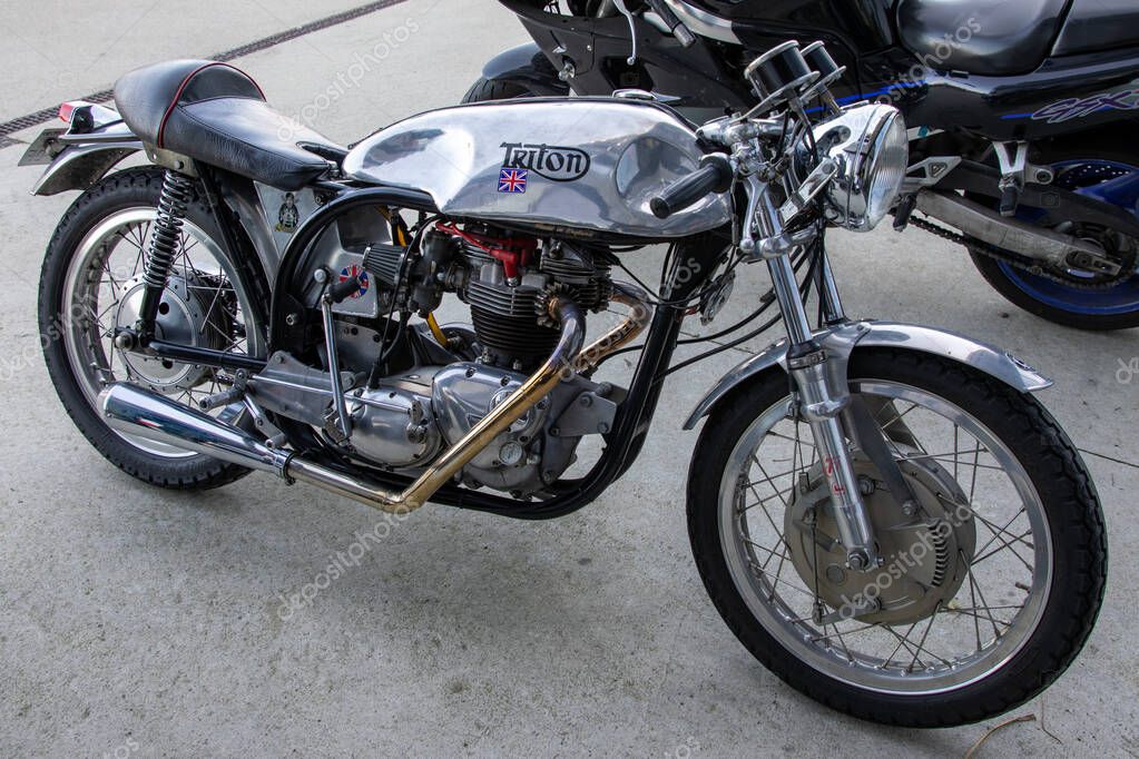 Bordeaux , France - 04 19 2025 : triton cafe racer silver alloy aluminum motorcycle fairing grey of British motorbike cafe racer
