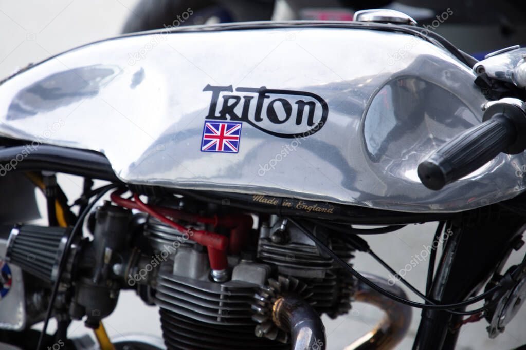 Bordeaux , France - 04 19 2025 : triton cafe racer motorcycle detail sign logo on fuel tank on old vintage chrome motorbike ancient