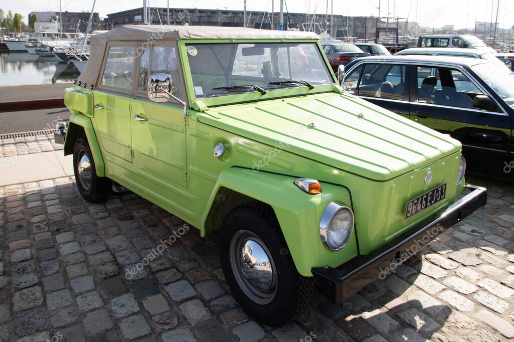 Bordeaux , France - 04 19 2025 : volkswagen type 181 safari green car sign logo and brand text convertible vintage thing safari vw181