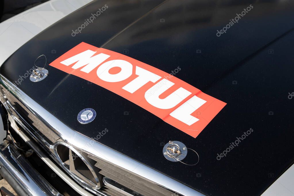 Bordeaux , France - 04 22 2025 : motul motor oil logo text and sign french brand of lubricants on automobile on hood mercedes race car vintage