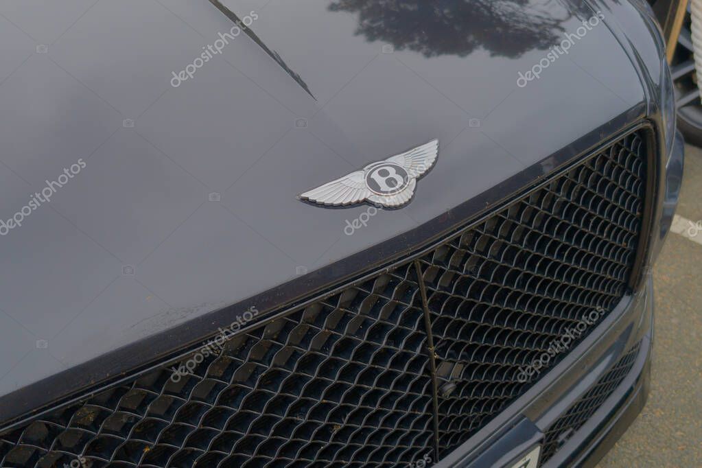 Bordeaux , France - 04 22 2025 : bentley bentayga V8 S logo text sign chrome emblem front hood suv of british luxury brand car