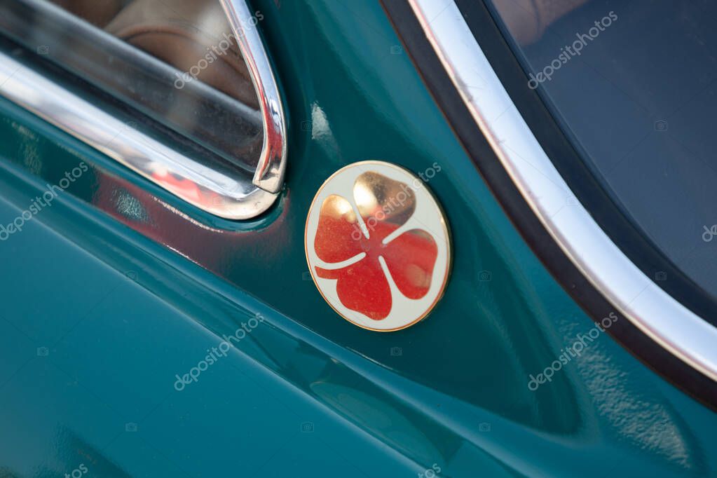 Bordeaux , France - 04 22 2025 : alfa romeo four-leaf clover logo brand and sign side italian automobile car manufacturer