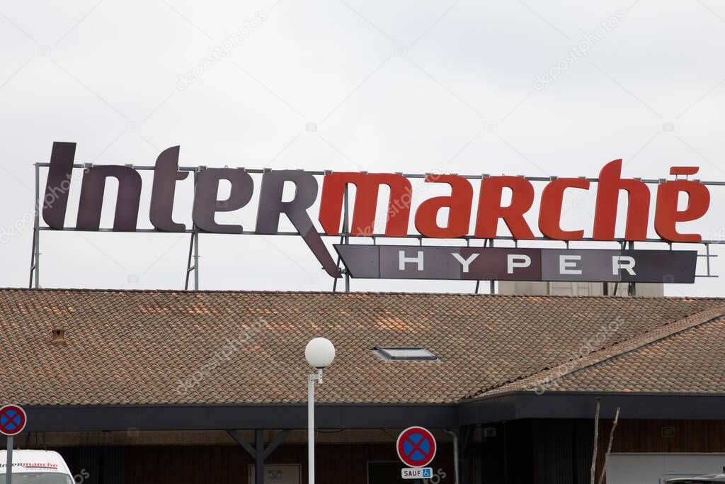 Bordeaux , France -  04 23 2025 : intermarche hyper text sign city shop facade french hypermarket chain store brand logo