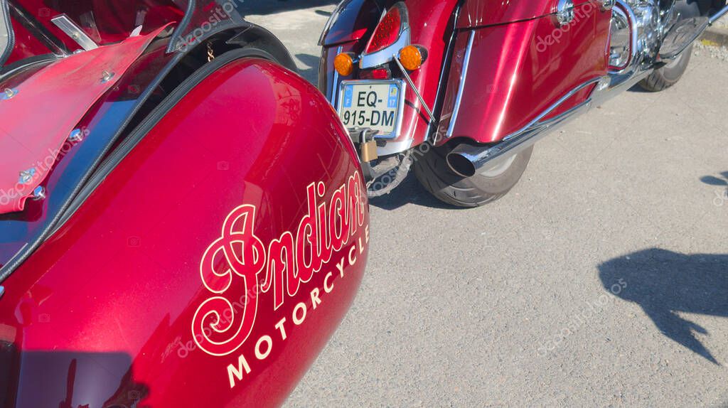Bordeaux , France - 04 25 2025 : indian trailer motorcycle logo brand and sign text detail dog tugging american motorbike produced in Springfield usa