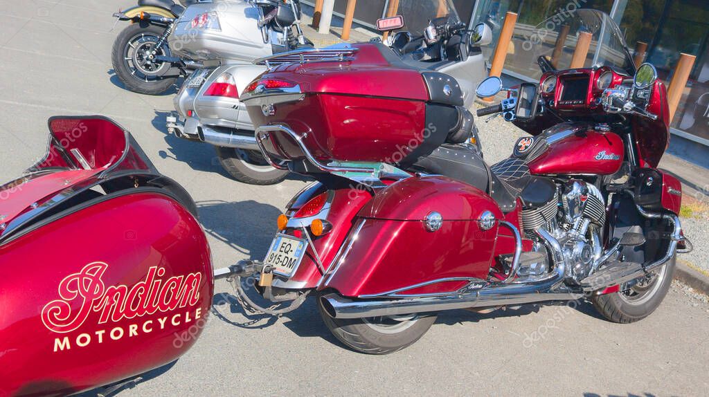 Bordeaux , France - 04 25 2025 : indian dog tugging motorcycle logo brand and sign text trailer detail american motorbike produced in usa