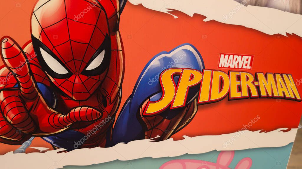 Bordeaux , France - 04 29 2025 : spiderman figure super hero classic marvel of us comics figure logo brand and text sign on advertising
