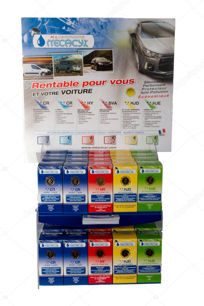 Bordeaux , France - 05 02 2025 : mecacyl display shop hyper lubrifiants automotive france lubricants company logo brand and text sign in store