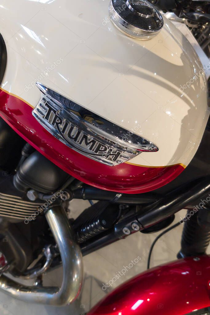 Bordeaux , France - 05 02 2025 : triumph bonneville neo retro vintage logo sign and text brand on motorcycle red white fuel tank