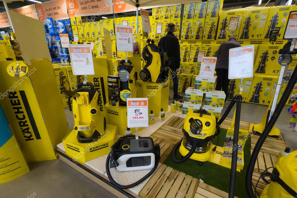 Bordeaux , France - 05 14 2025 : karcher brand logotype text and sign logo on display area shop with high pressure washer in equipment store e.leclerc brico