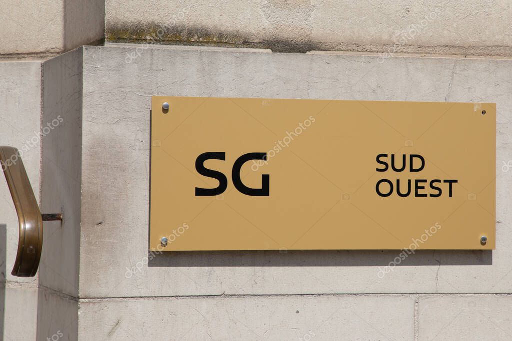 Bordeaux , France -  05 18 2025 : sg plate sud ouest societe generale french text brand bank logo sign front wall of entrance office french south west agency