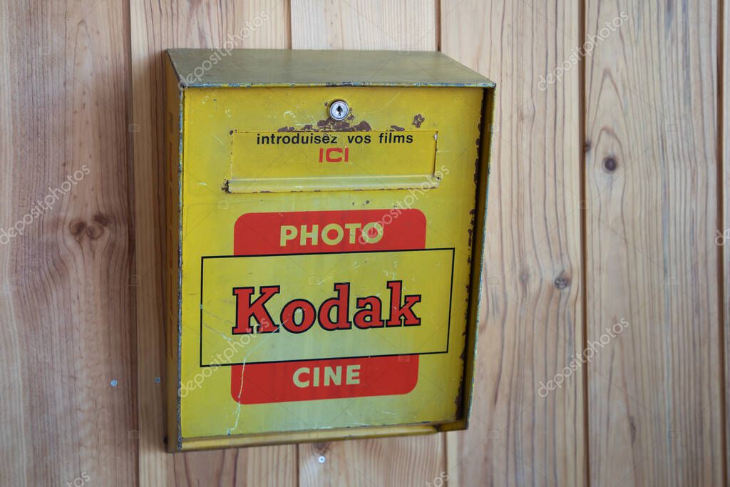 Bordeaux , France - 05 19 2025 : kodak photo cine logo brand and text sign metal street box for storing photo slide film photographer product from usa in old ancient french container panel