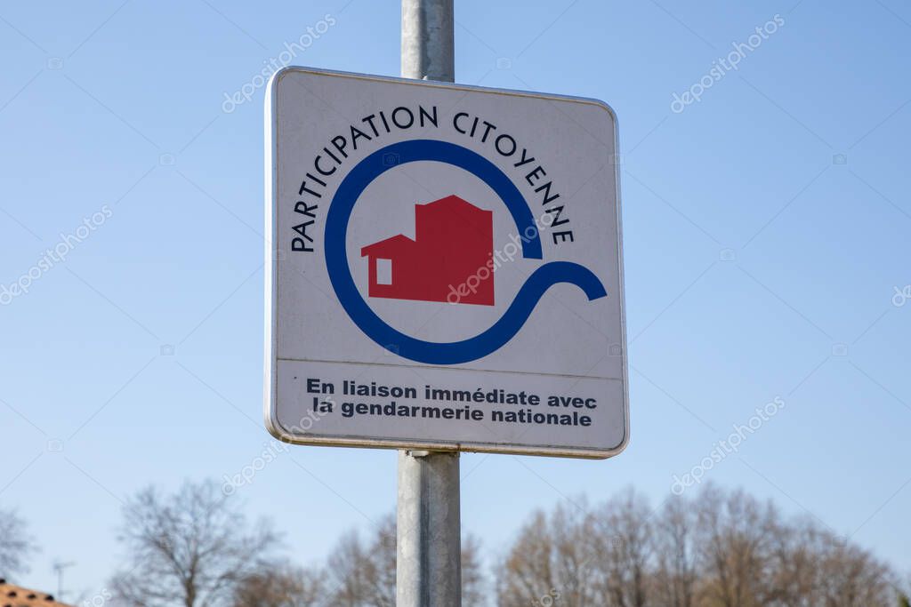 Bordeaux, france - 05 24 2025 : participation citoyenne french sign text logo citizen participation neighbourhood watch area panel street
