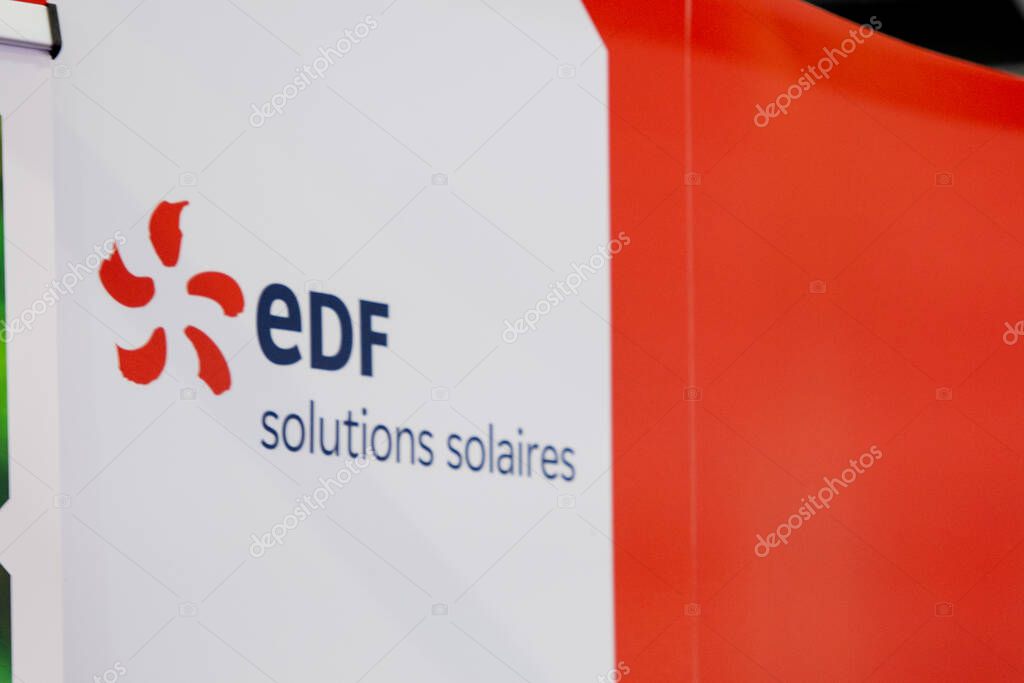 Bordeaux , france 05 30 2025 : edf solutions solaires logo sign and brand text on building office facade entrance of French multinational electric utility company