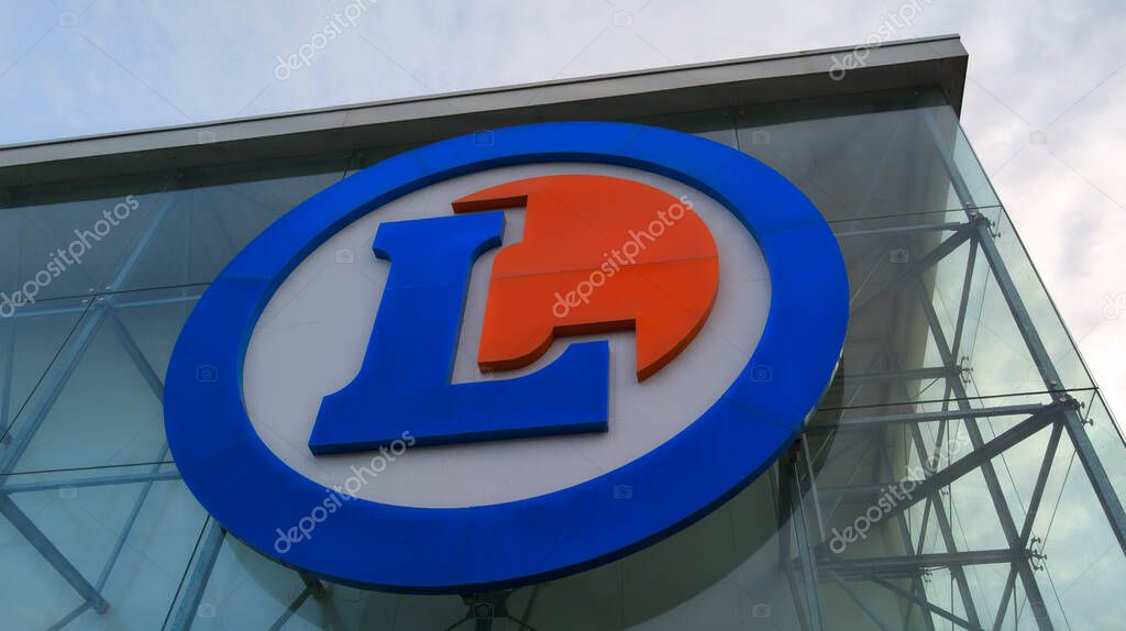 Bordeaux , France -  06 23 2024 : e.Leclerc sign brand French hypermarket leclerc building supermarket logo text on facade store entrance  market