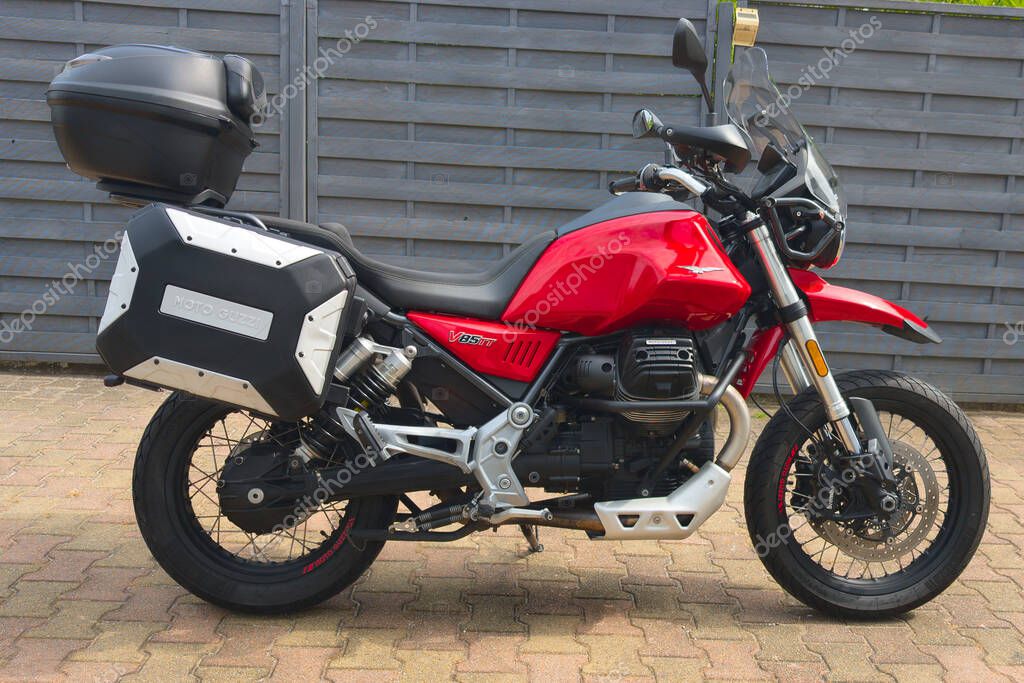 Bordeaux , france -  06 06 2025 : moto Guzzi v85 tt logo brand and text sign on red trail neo-retro motorcycle from Italian manufacturer