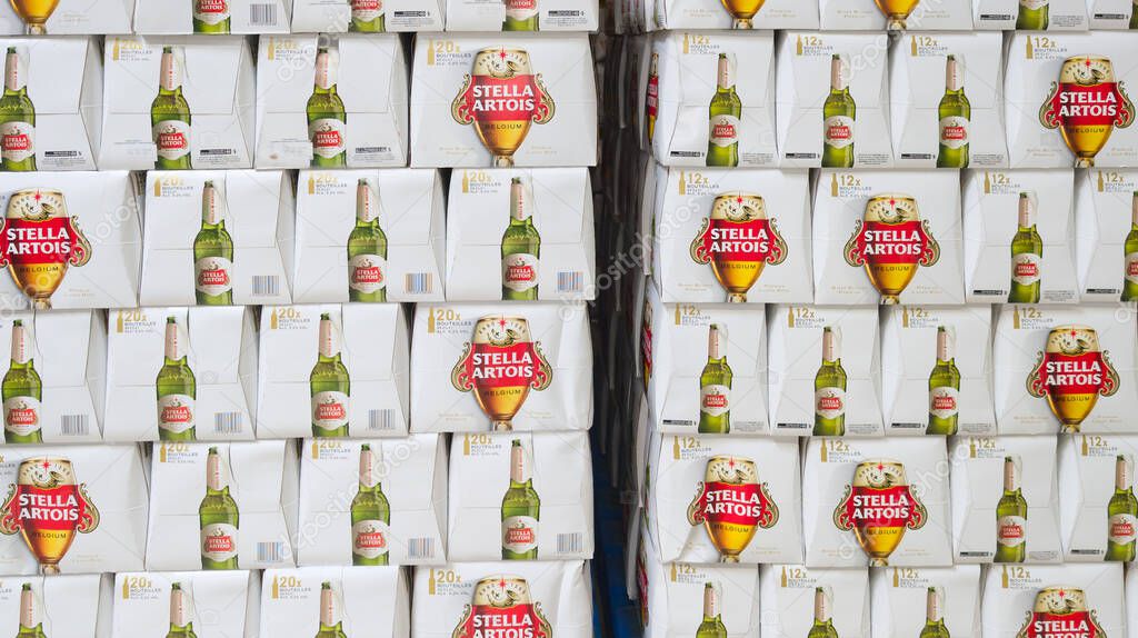 Bordeaux , france - 06 07 2025 : stella artois beer belgium brewery sign text and brand logo on display market shop
