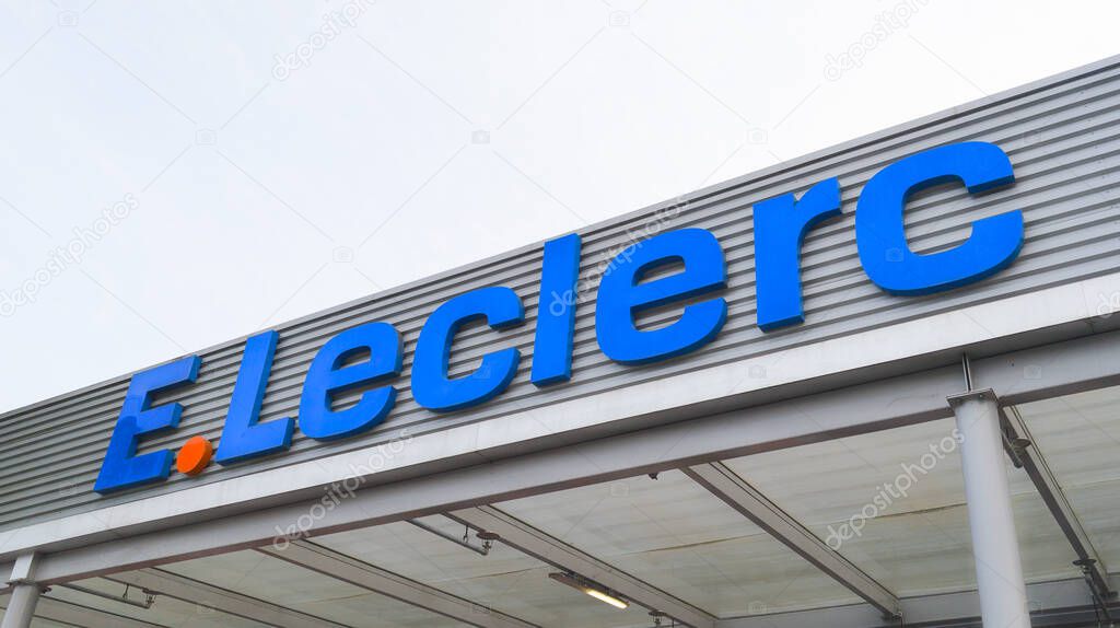 Bordeaux , france - 06 082025 : e Leclerc logo brand store wall supermarket E.Leclerc hypermarket sign text on wall facade shop