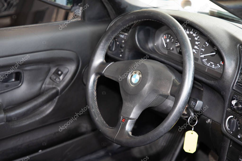 Bordeaux , France -  0613 2025 : bmw e36 interior serie M close up car steering wheel with speedometer and black dashboard