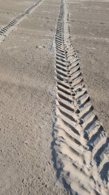 Kum üzerinde lastik izleri. 4x4 lastik. Çöldeki kumsal arkaplanından geçiyor.