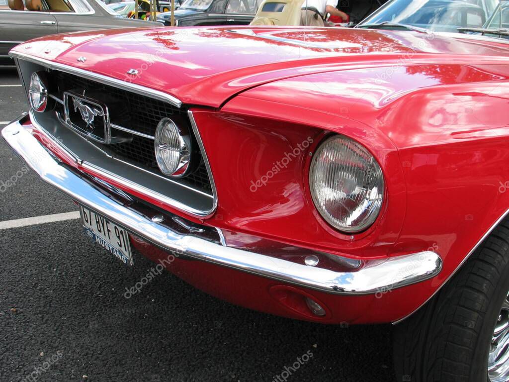 Bordeaux , France -  10 01 2025 : ford mustang gt us horse logo brand and hood red sign text front muscle retro car american vehicle