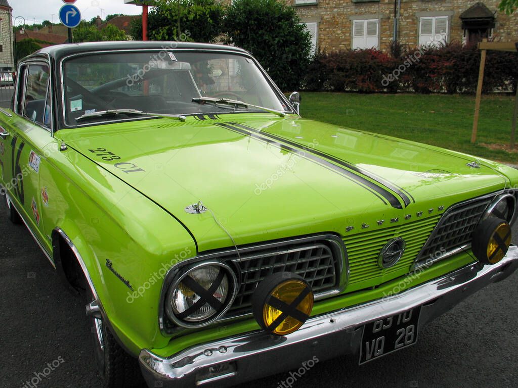 Bordeaux , France - 09 30 2025 : plymouth barracuda text sign and logo brand on green custom american muscle car