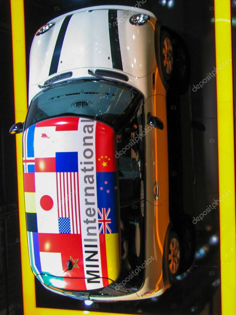Bordeaux , France - 10 09 2025 : mini international logo brand on roof car with sign text country flag racing english vehicle in dealership
