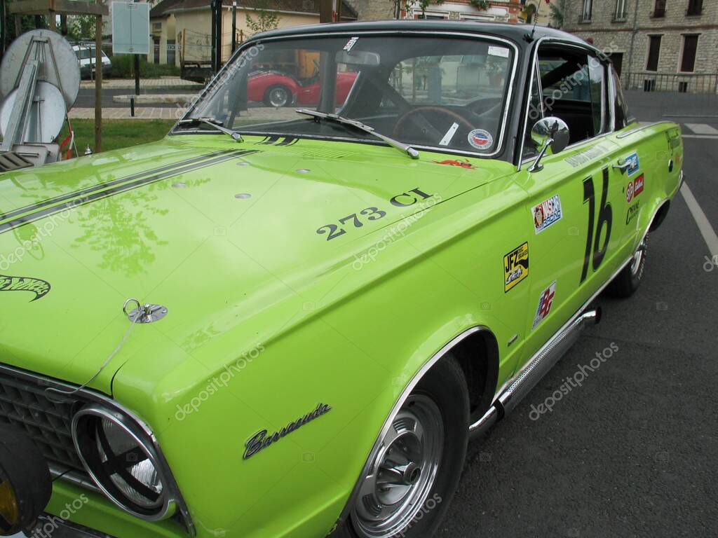 Bordeaux , France - 10 09 2025 : plymouth barracuda text sign and logo brand on racing custom american muscle car green speed