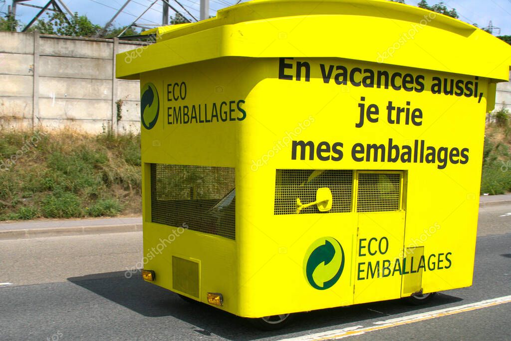 Bordeaux , France - 10 04 2025 : eco emballage logo brand and text sign on advertsing car recyclable signage emballage certificat yellow box environment protection concept of recycled material