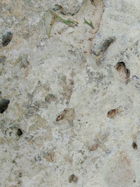 Gri ve kahverengi tonlardan oluşan, pürüzlü ve dokulu bir taş maddesinin küçük çakıl ve taşlarla birleştirilmiş, pürüzlü ve yıpranmış yüzeyine dağılmış küçük çakıl ve taşlardan oluşan yakın çekim görüntüsü..