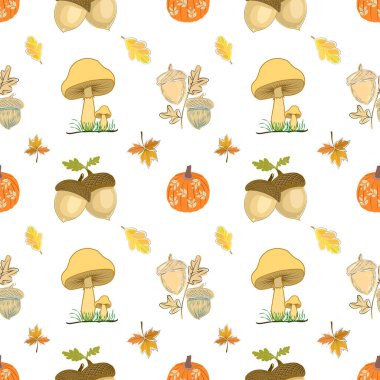 Bu canlı desen sonbaharın özünü yakalar. Sergide altın sarısı mantarlar, parlak turuncu balkabakları ve güz hasadının sıcaklığını ve bolluğunu çağrıştıran çok renkli yapraklar yer alıyor. Temiz beyaz arka planda, dağınık