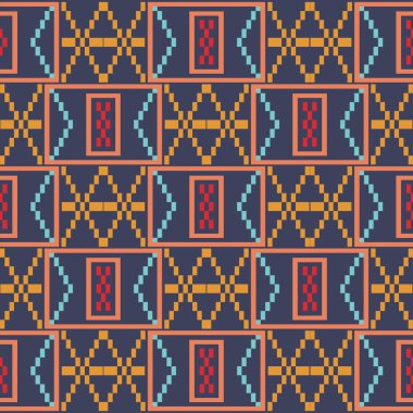 Yerli Amerikan tekstil geleneklerinden esinlenilmiş modern geometrik kusursuz desen. Donanma geçmişi mercan, turkuaz, altın ve kırmızı pikselli Navajo ve Maya dokuma teknikleri ve sembolizmini yansıtan motifler..