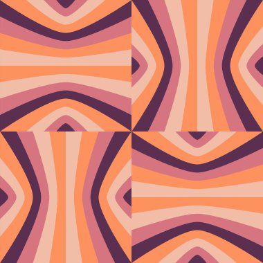 Bu vektör çizimleri, her biri sıcak, retro-esinlenmiş turuncu, pembe, şeftali ve kestane rengi palette dalgalı çizgiler serisi gösteren dört özdeş dizayndan oluşan kusursuz bir yinelenen desen içerir. Akan dalgalar bir ritim yaratır ve d