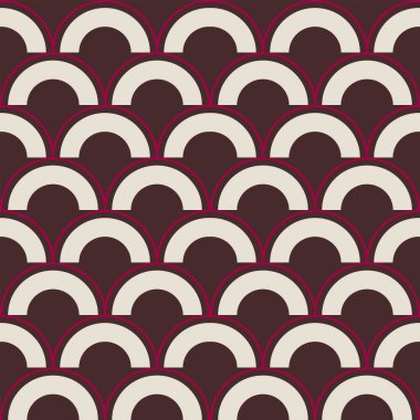 Krem rengi yarım daireler içeren eskimiş dikişsiz desenler zengin koyu kahverengi arka plana karşı istiridyeli bir düzende dizilmiş. Her element canlı pembeyle özetlenerek moda, ev dekorasyonu ve paketleme için mükemmel bir geçmişe dönük estetik oluşturulmuştur.