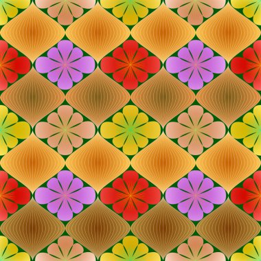 Canlı bahar, yaz - temalı kusursuz vektör şablonu elmas şekillerinin neşeli geometrik düzenini ve taze yeşil arka planda çiçek açmasını içeriyor. Bu canlı tasarım parlak bahar, güneşli çığlıklar dahil yaz renklerini sergiliyor.
