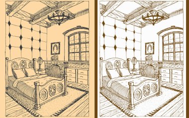 Bu el çizimi vektör illüstrasyonunda süslü bir yatak odası, avize, pencere, komodin ve halı yer alıyor. İki sürümü içerir: biri siyah mürekkep, diğeri beyaz mürekkep, sepa üzerinde renkli arkaplan (sepia ve monokrom).