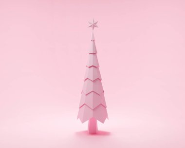 Mutlu Noeller ve Mutlu Yıllar 'ın şirin pembe 3D ikon çizimi. Ağaç xmas dekorasyonunun pastel rengi. Güzel bir kar tatili geçmişi. Yaratıcı fikir kavramı.