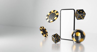 Kumarhane oyunu akıllı telefon ekranı. Poker çipinin beyaz arka planda, futbol topuyla izole bir şekilde düşüşünün altın VIP 'si. Şanslı para sporu. Piyango kazananı konsepti.