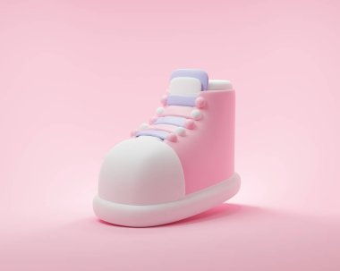 Cute 3d rendering of sport sneakers isolated or character shoes fashion on pink background.  Creative minimal design icon. Footwear fashion illustration.