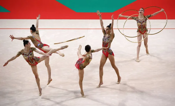 stock image Sofia, Bulgaria - 16 September, 2022: Members of team Israel in action with 5 hoops during the 39th FIG Rhythmic Gymnastics World Championships.