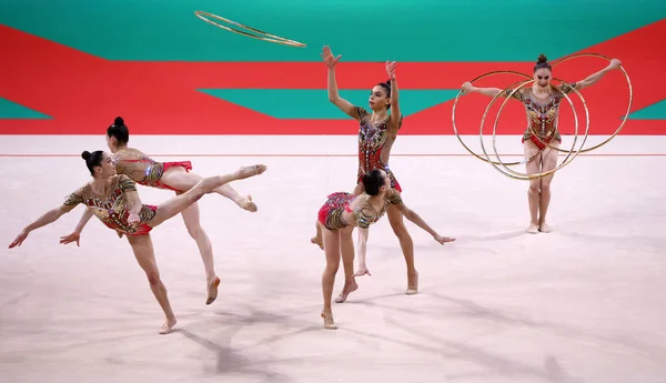 stock image Sofia, Bulgaria - 18 September, 2022: Members of team Israel in action with 5 hoops during the 39th FIG Rhythmic Gymnastics World Championships.