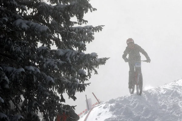 Sofia Bulgaria January 2022 Cyclist Rides Bike Downhill Extreme Snow — 图库照片