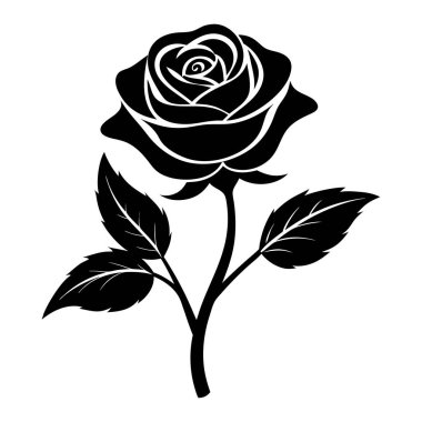 Siyahlı bir gülün klasik vektör silueti. Bu zamansız tasarım basit ve zarif bir şekilde bir gülün ikonik şeklini içerir. Grafik tasarımı, logo oluşturma ve bir