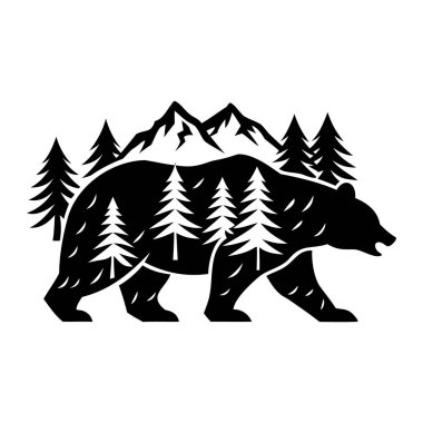 Vücudunun içinde dağ tepeleri ve çam ağaçları olan yürüyen bir ayının vektör silueti. Açık hava, yürüyüş ve macera markası logoları için mükemmel..